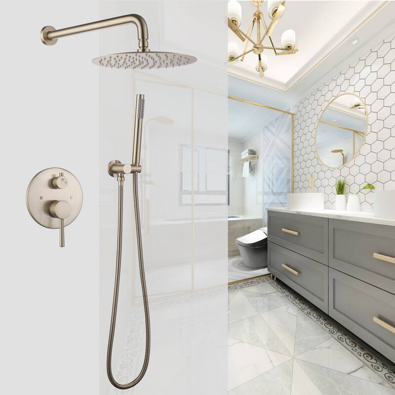 Brushed Gold Rain Shower System Wall Mount Rain Shower Head With Handheld Shower Combo Set Rough-In Valve
