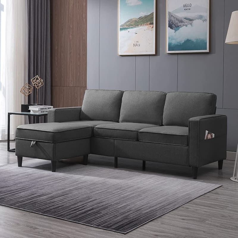 Mixoy Convertible Sectional Sofa Couch, 3 Seat L Shaped Sofa Upholstered Couch with Flexible Storage Ottoman - Dark Grey