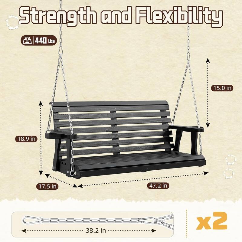 2-Seat Outdoor Wooden Porch Swing Bench with Hanging Chains & Wide Armrests & Cup Holder