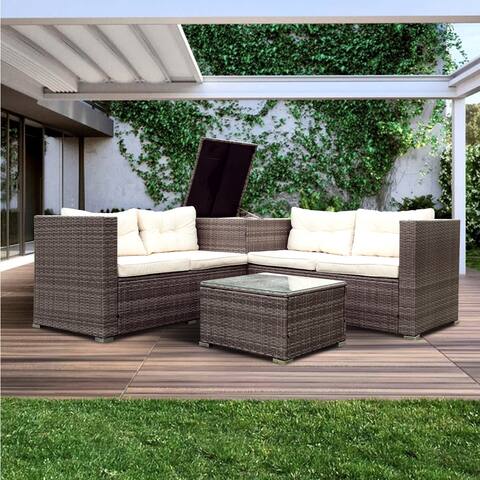 4Pcs Outdoor Rattan Sectional Sofa Set with 1 Glass Table&1 Flip-Cover Table