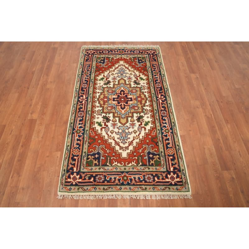 Hand Knotted Oriental 100% Wool Carpet Traditional Medallion Beige & Ivories Heriz (serapi) Area Rug - 5' 2'' X 2' 11''