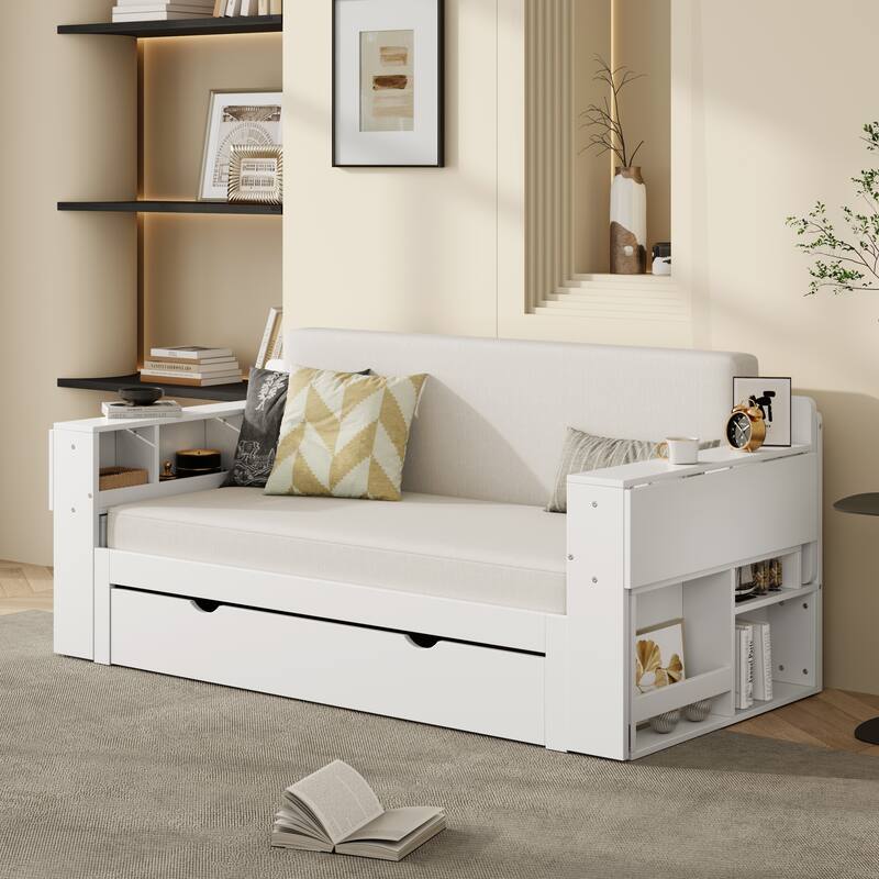Full Size 4-in-1 Daybed with Desk Storage Drawers Hydraulic Armrests - White