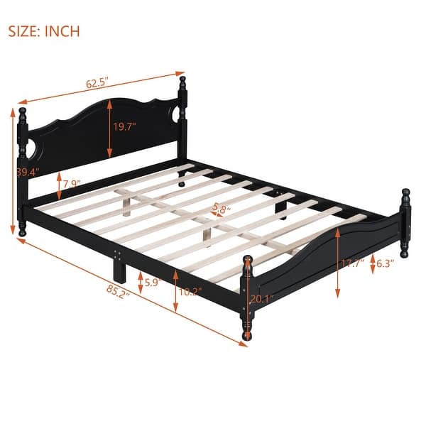dimension image slide 1 of 2, Wooden Queen Size Platform Bed Frame, Solid Pine and MDF with Headboard, Easy Assembly