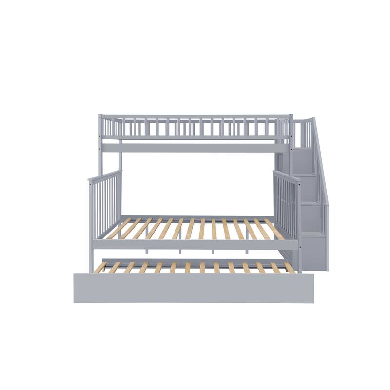 Gray Twin over Full Stairway Bunk Bed with Trundle and Storage