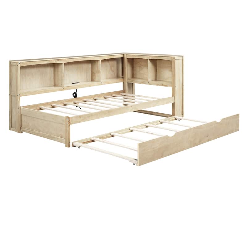 Twin Size Daybed with Trundle, Storage Cabinets and USB Ports, Wood Bed Frame with L-Shaped Bookcases for Bedroom