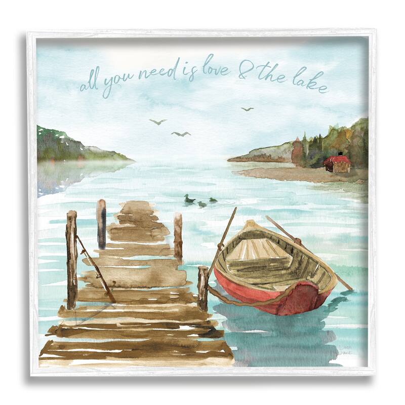 Stupell Love and The Lake Sentiment Boat Dock Landscape Framed Wall Art - Blue - 17 x 17 - White