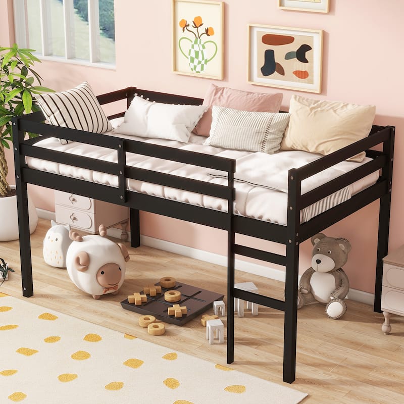 Solid Wooden, Rubber Wooden Twin Loft Bed with Ladder, Bed Platform of Strengthened Slats