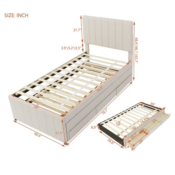 dimension image slide 1 of 2, Contemporary Upholstered Twin Platform Bed with Trundle and Drawers