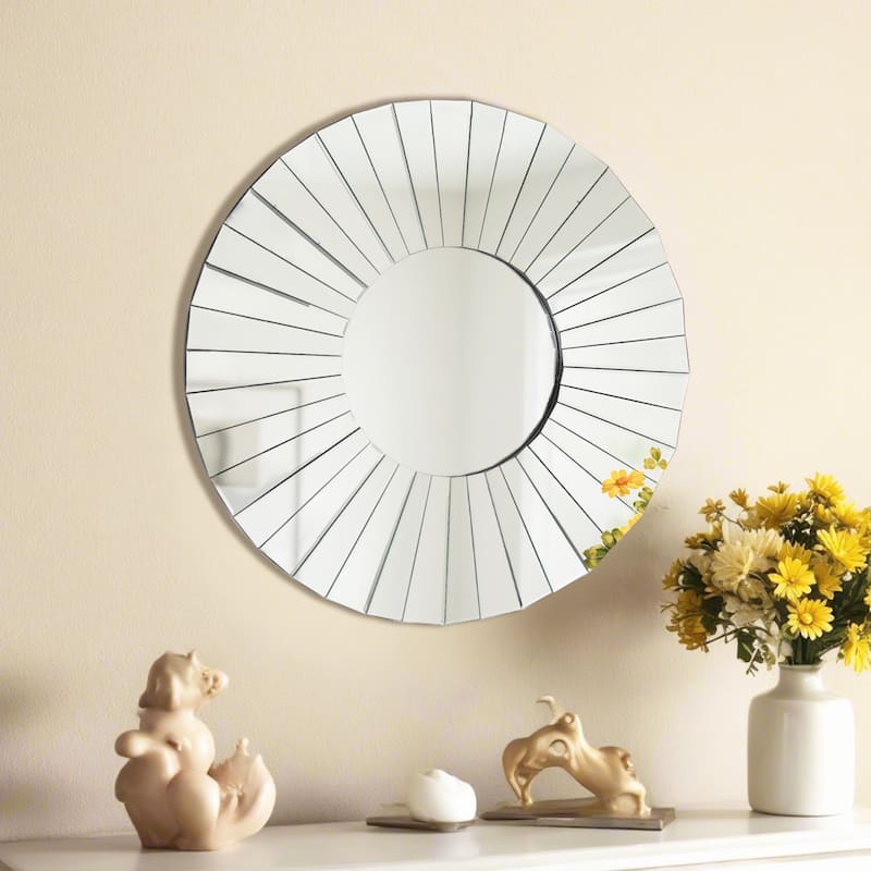 Round Decorative Wall Mirror Sunburst Design with MDF Back 35 Inch - Silver/Chrome - Dia.35.4"*D0.8"