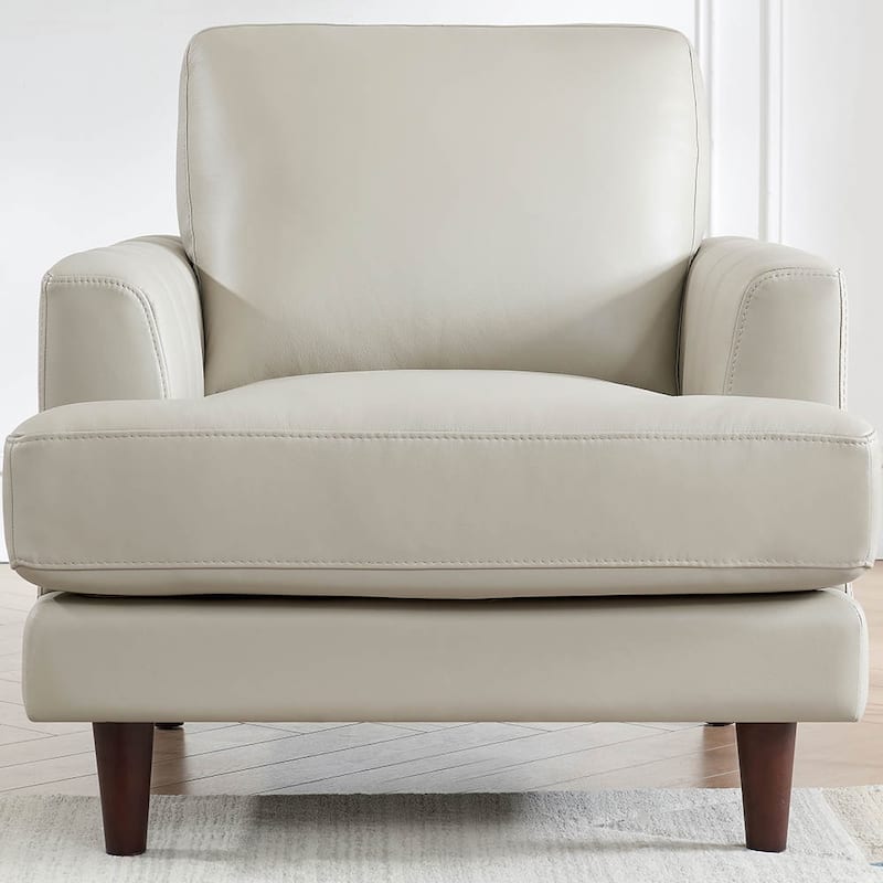 Ivy Living Cassia Top Grain Leather Chair With Feather, Memory Foam and Springs - Ice White