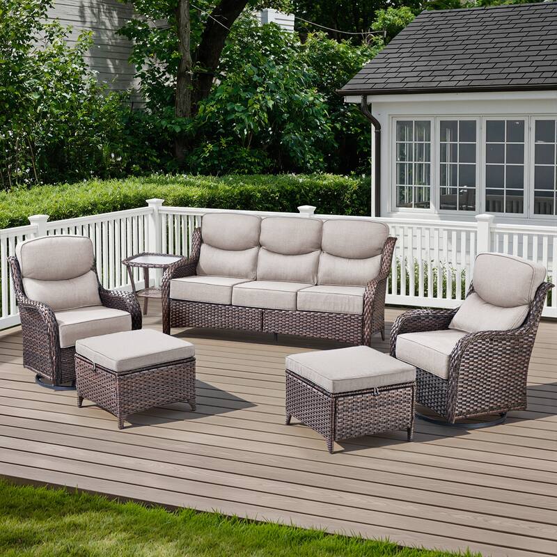 Meyreso 6-Piece Wicker Patio Conversation Set with Swivel Gliders and 6-Inch Thick Olefin Cushions