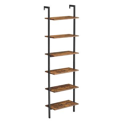 Ann 81 Inch Ladder Style Bookshelf, 6 Tiers, Wood, Steel Frame, Brown