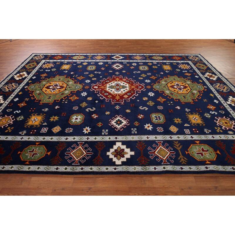 Navy Blue Geometric Kazak Oriental Area Rug Handmade Wool Carpet - 8'8" x 11'11"