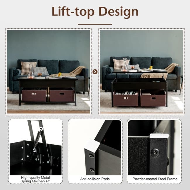 Lift Top Coffee Table Central Table with Drawers and Hidden Compartment for Living Room - 42" x 19.5" x 19" (L x W x H)