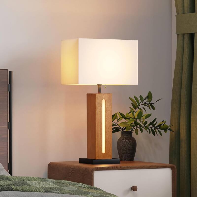 Anmytek Dual Light Table Lamp Set Of 2, Wood Look Minimalist for Bedroom Office Living Room