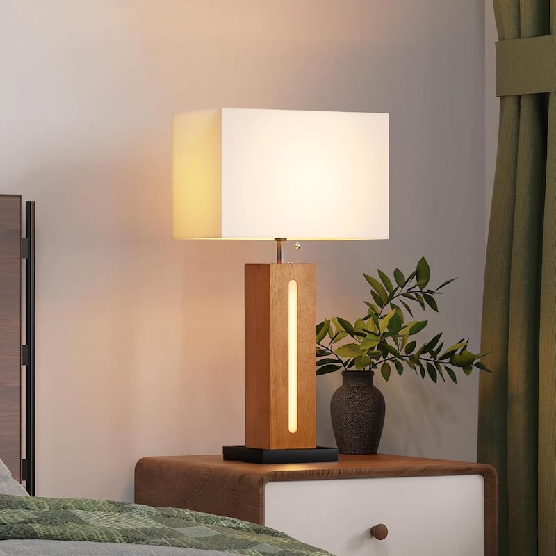 Table Lamps Set Of 2, Modern Dimmable Bedside Lamp With LED Nightlight, Square Wood Grain Nightstand Lamps With Linen Shades