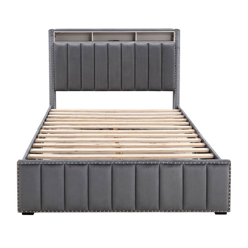 Contemporary Dark Gray Solid Wood Bed Frame with Open Compartments