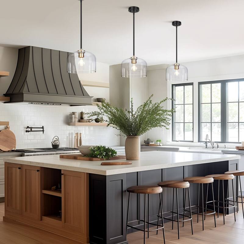 Modern Black Gold Pendant Clear Glass Kitchen Island Light Bowl-Shape Shade for Dining Room