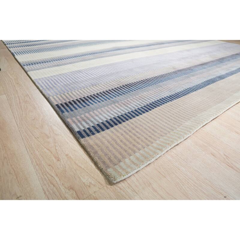 Mauve Hand-Knotted Wool Knotted Striped Rug, 10' x 14', plush cozy floor accent - L