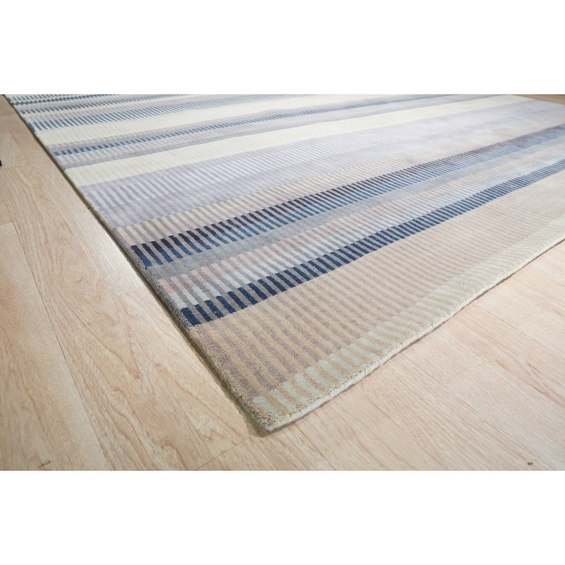 Mauve Hand-Knotted Wool Knotted Striped Rug, 8' x 10', plush stylish floor accent - L