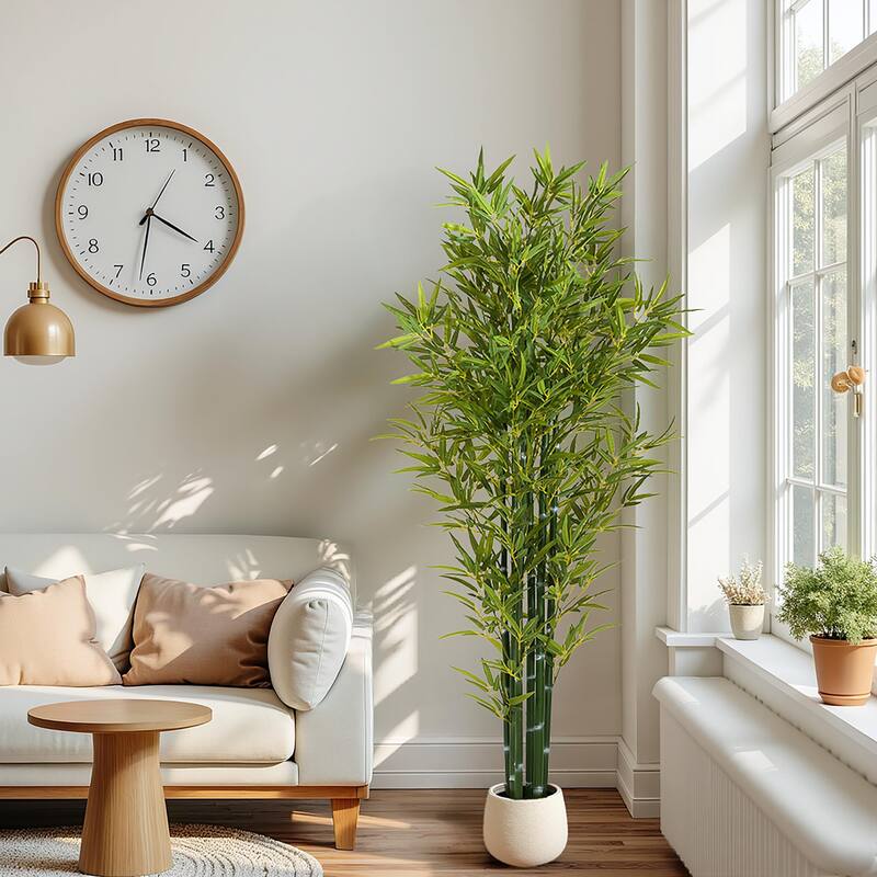 Roomfitters 72'' Artificial Bamboo Tree Set of 2, Tall Faux Indoor Plants with Black Plastic Pots for Home Decor, Green