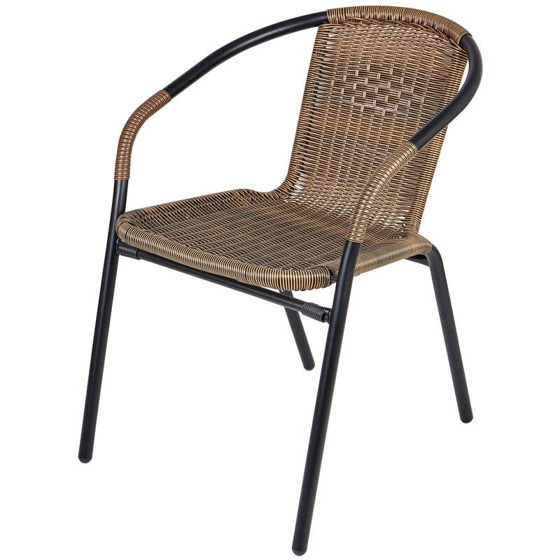 BTEXPERT Indoor Outdoor 23.75" Round Restaurant Table Steel Aluminum + 3 Brown Restaurant Rattan Stack Chairs
