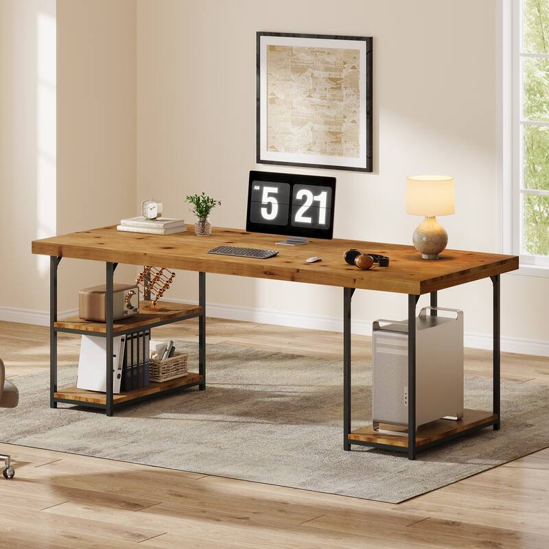 71'' Extra Long Desk with Shelves, Solid Wood Home Office Computer Desk