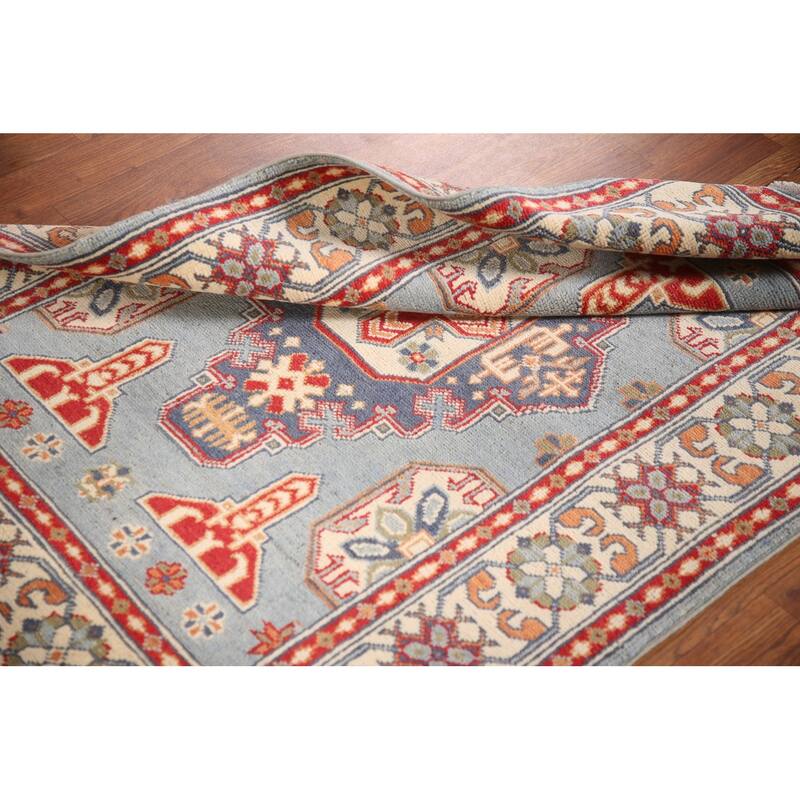Light Blue Geometric Kazak Oriental Rug Handmade Wool Carpet - 3'2"x 4'8"