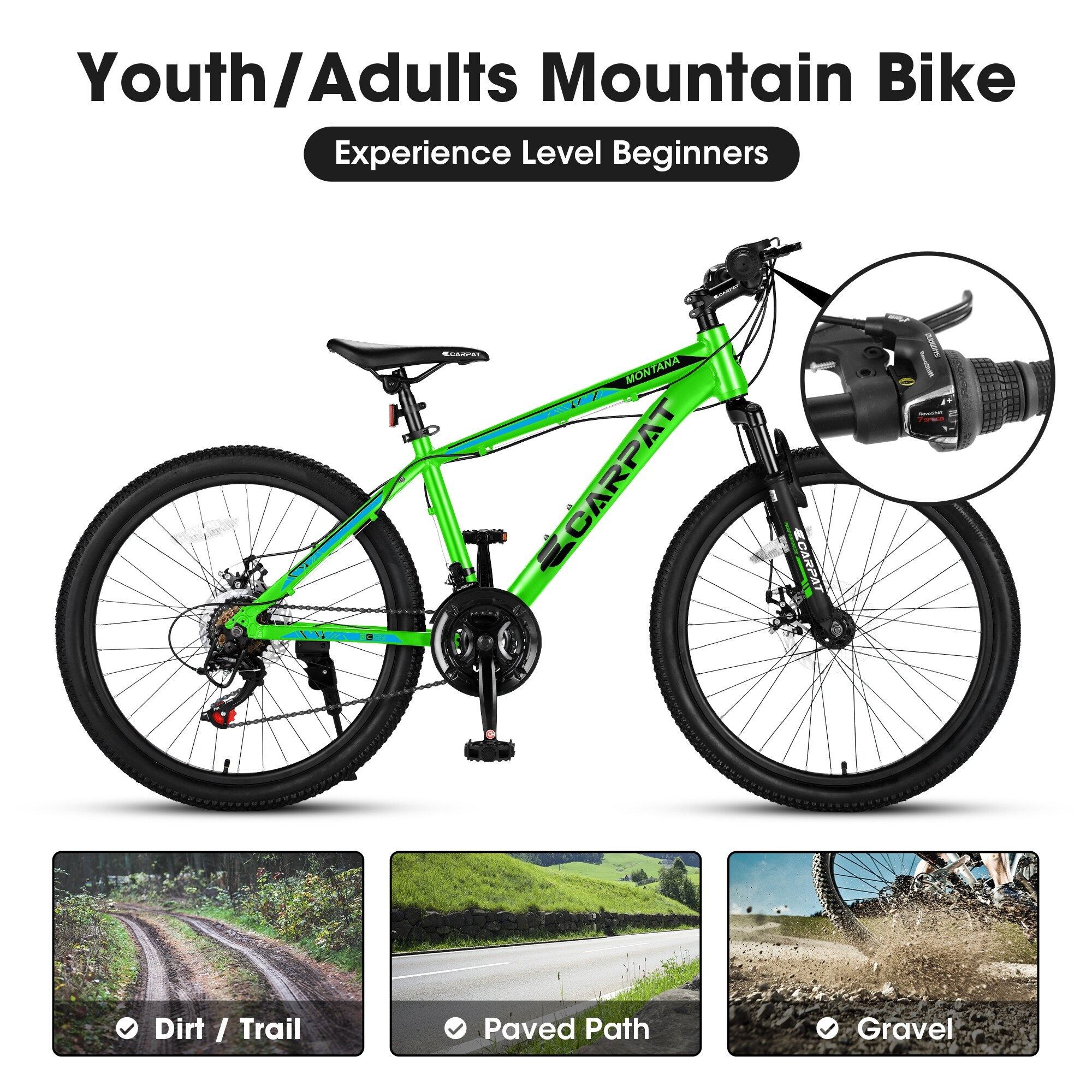 24 inch Mountain Bike Bicycle for Adults Aluminium Frame Bike 21 Speed Green