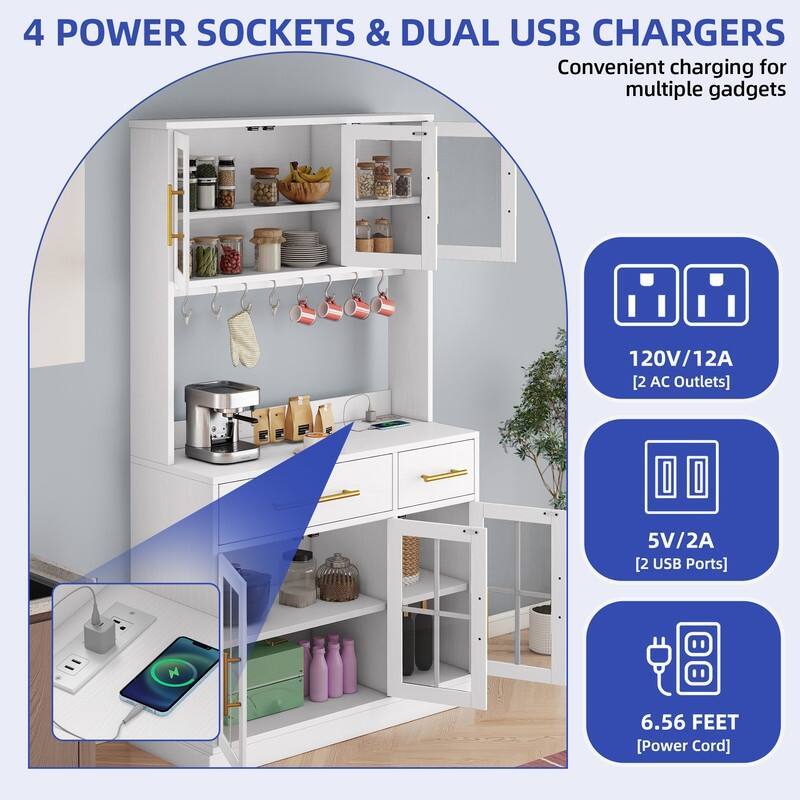 71" Tall Kitchen Pantry Hutch Storage Cabinet with Power Outlet,Freestanding Cupboard Storage Buffet with Drawers & Glass Doors