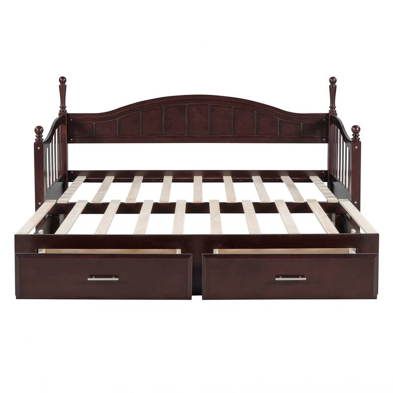 Wooden Twin Size Daybed with Twin Size Trundle, Extendable Daybed with Two Storage Drawers