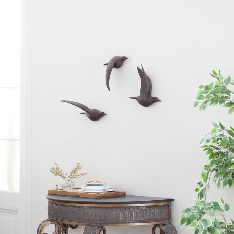 Polystone Weathered 3D Floating Bird Wall Decor (Set of 3) - Dark Brown, Gold, Silver