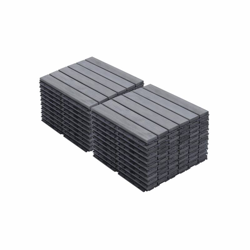 Interlocking Deck Tiles Striped Pattern, 12" x 12" Light Gray Acacia Hardwood Outdoor Flooring - Light Gray - 20 PCS