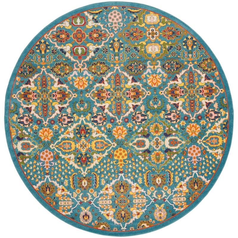 Nourison Allur Contemporary Boho Floral Medallion Area Rug - 7'10" x Round - Turquoise/Ivory