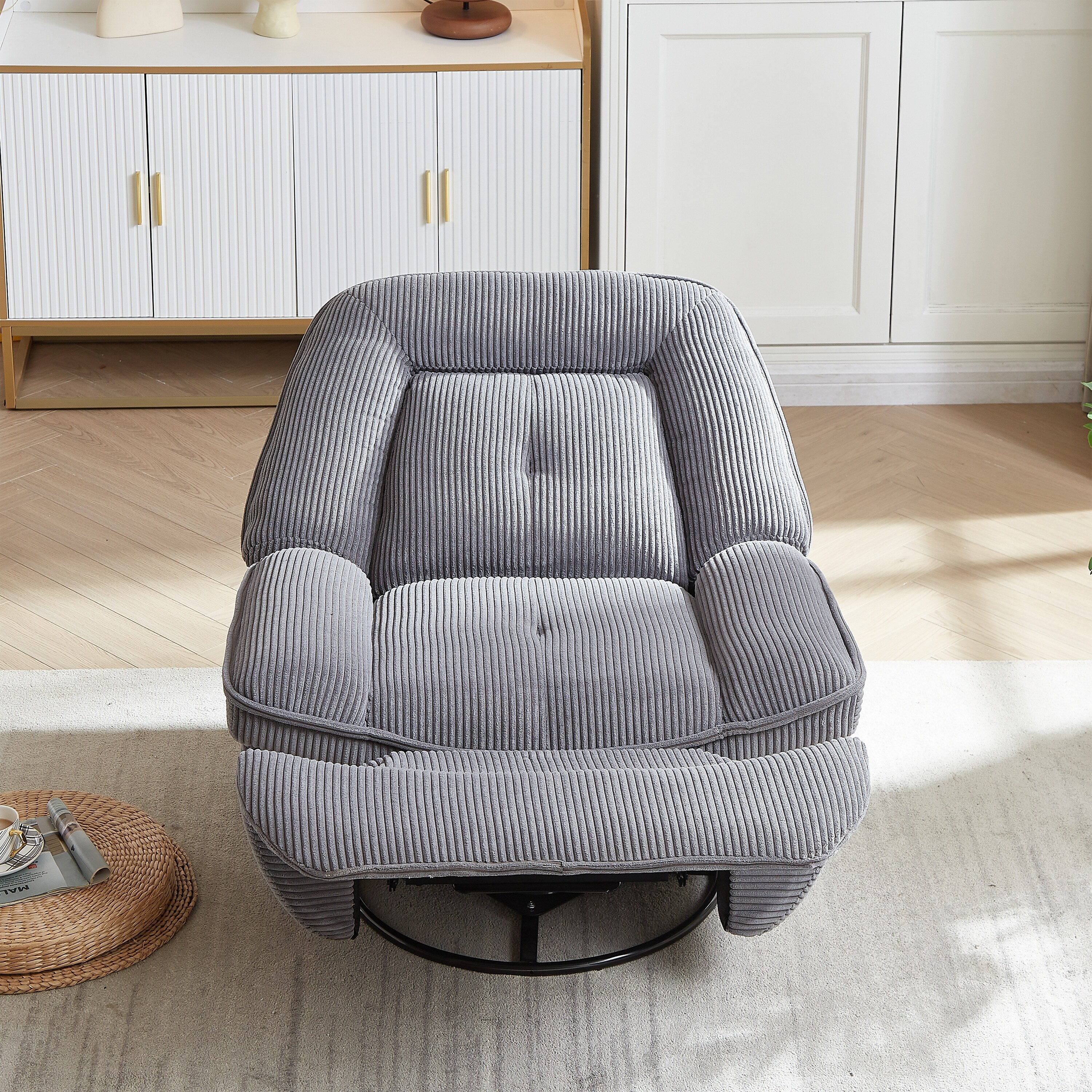 Corduroy Swivel Recliner Chair with 360 Degree Rotation Manual Theater Recliner Sofa Nursery Glider Rocker for Living Room Grey 1 Piece