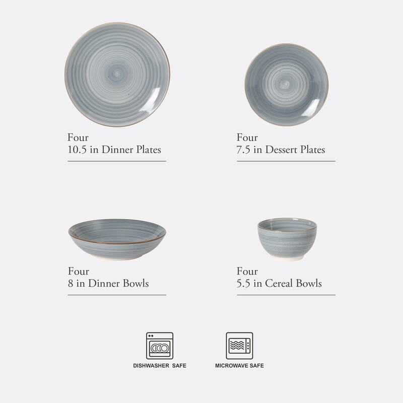 Gibson Home Stonebury 16 Piece Plates and Bowls - Handpainted Stoneware Dinnerware Set - Service for 4