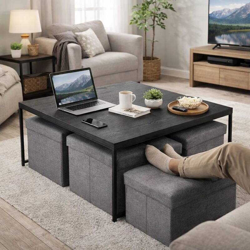 All 5 Piece Coffee Table Set, Oak Black Top with 4 Nesting Storage Bins