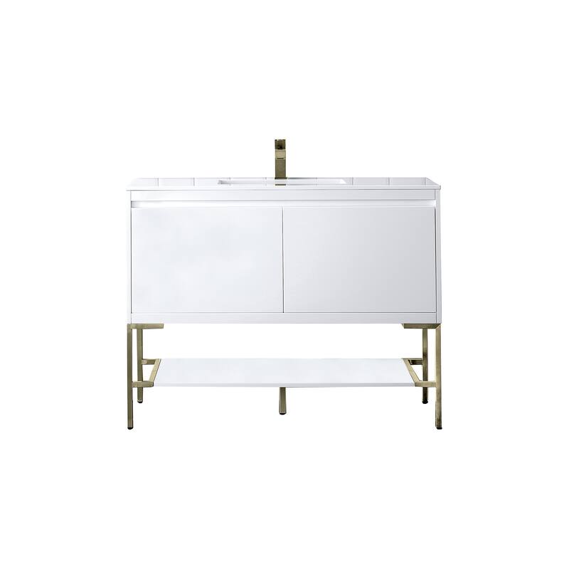 James Martin Vanities Mantova 47.3" Single Vanity Cabinet, Glossy White - Champagne Brass Base, Glossy White Top