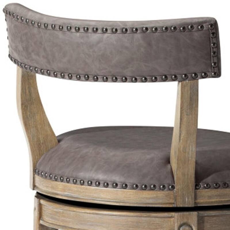 HomeRoots 31" Gray and Cool Gray Faux Leather and Solid Wood Low Back Bar Height Swivel Bar Chair