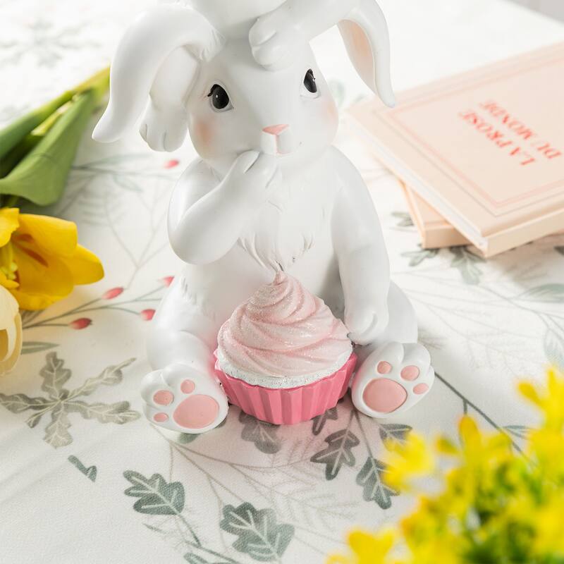 Glitzhome Easter Resin Bunny Holding Macaron Table Decor Stacked Rabbit Figurine