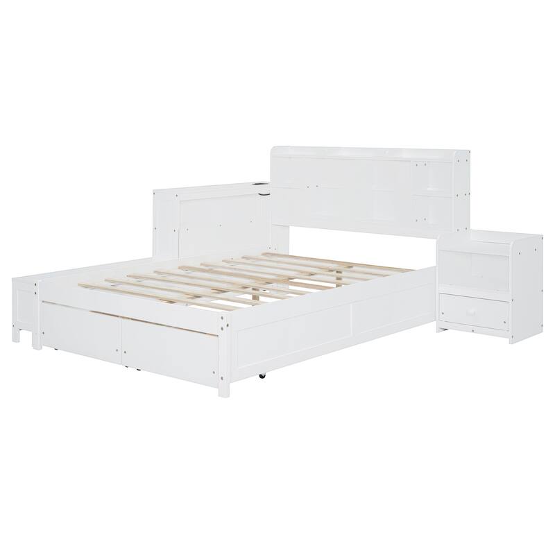 Full Size Wooden Platform Bed with Storage Headboard, Integrated Desk, Nightstand, and USB Ports for Modern Living