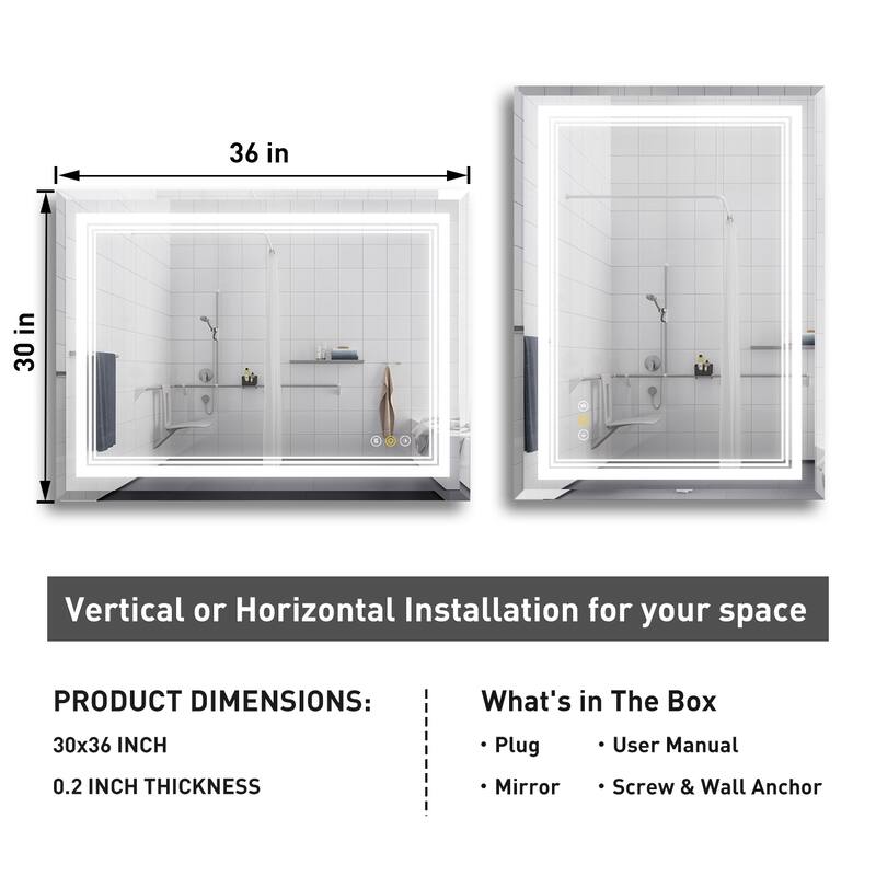 36 in. W x 30 in. H Anti-fog LED Wall Bathroom Vanity Mirror with Backlit and Front Lighting