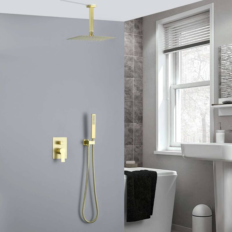 Ceiling Mount Shower Faucet Set With Hand Shower Rainfall Shower System Set 12 Inch Shower Head Set With Pressure Balance Valve