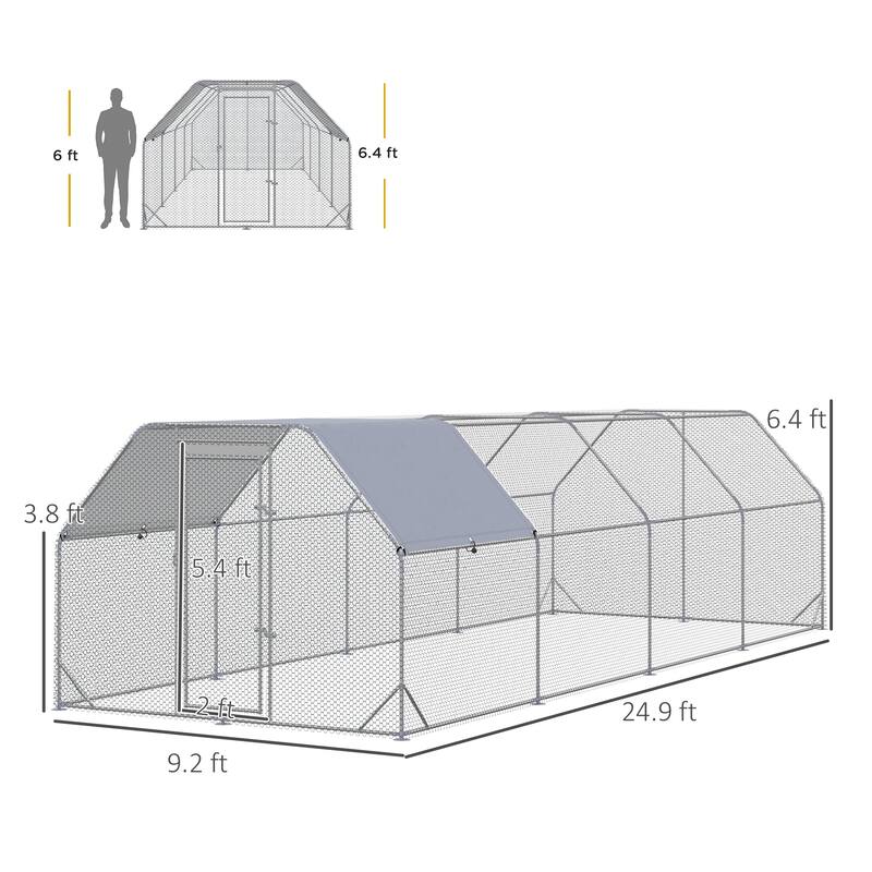 PawHut Large Chicken Coop Metal Chicken Run with Waterproof and Anti-UV Cover, Flat Shaped Walk in Fence Cage Hen House