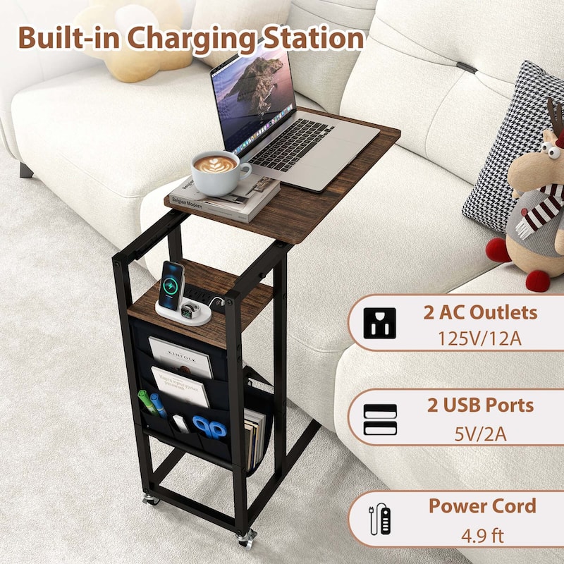 Costway 1/2 PCS C-shaped End Table with Charging Station Rolling