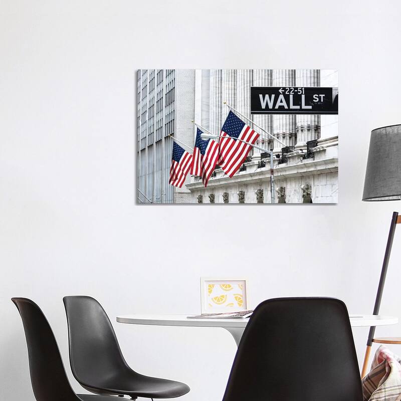 iCanvas "American Flags & Wall Street Signage, New York Stock Exchange, Financial District, NYC" by Matteo Colombo Canvas Print - 26x40x1.5