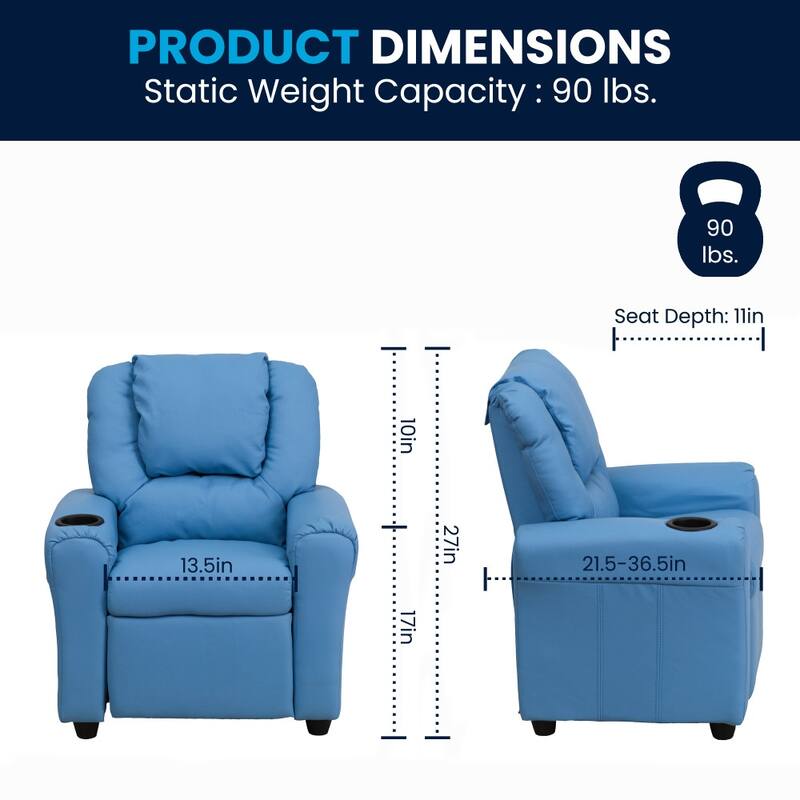 Contemporary Kids Recliner with Cup Holder and Headrest - 24"W x 21.5" - 36.5"D x 27"H
