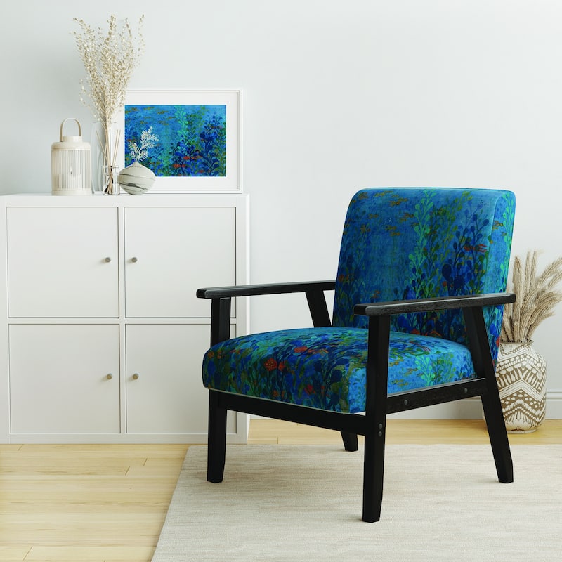 Designart "Blue Underwater Lake Leaves I" Upholstered Nautical & Coastal Accent Chair - Arm Chair