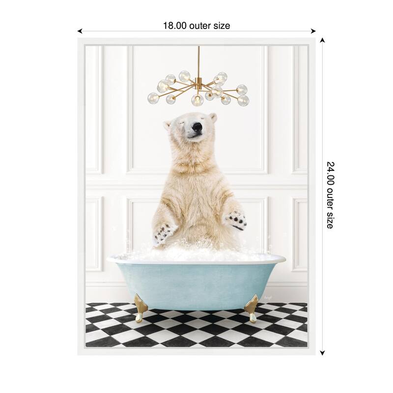 Kate and Laurel Sylvie Polar Bear in Blue Bathtub on Checker Floor Framed Canvas by Amy Peterson