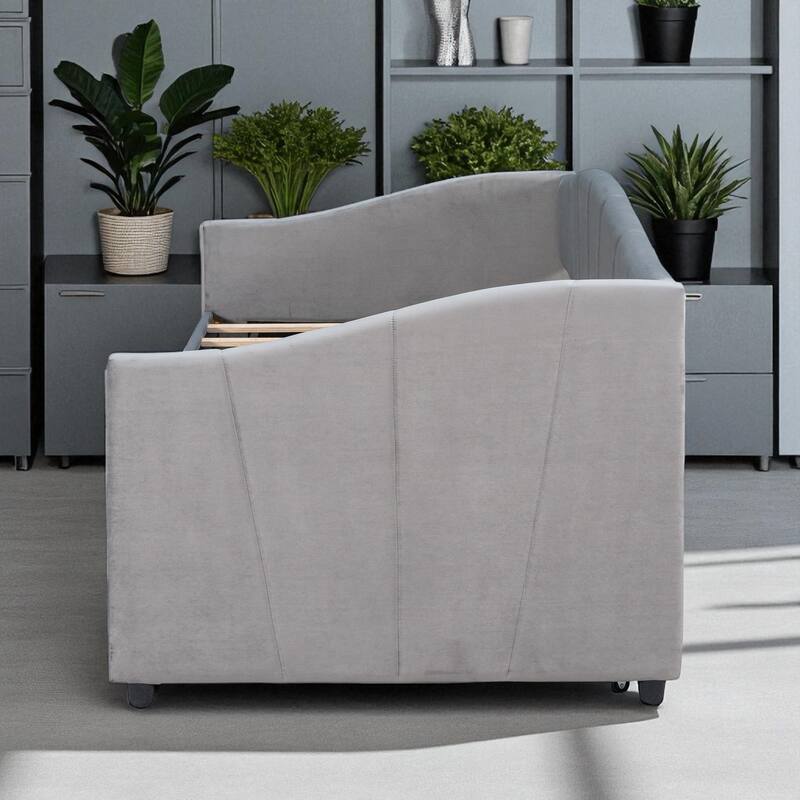 Twin Upholstered Daybed with Trundle Bed and Wood Slats, Velvet Sofa Bed Frame, No Box Spring Required